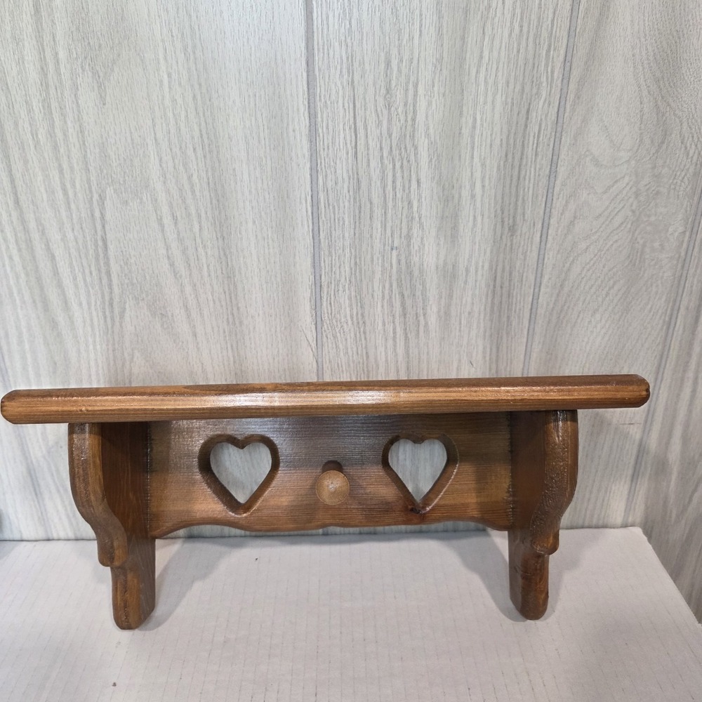 Vintage Dark Wood Wall Shelf 2Heart Cutout Peg Hooks Farmhouse Granny Cottage